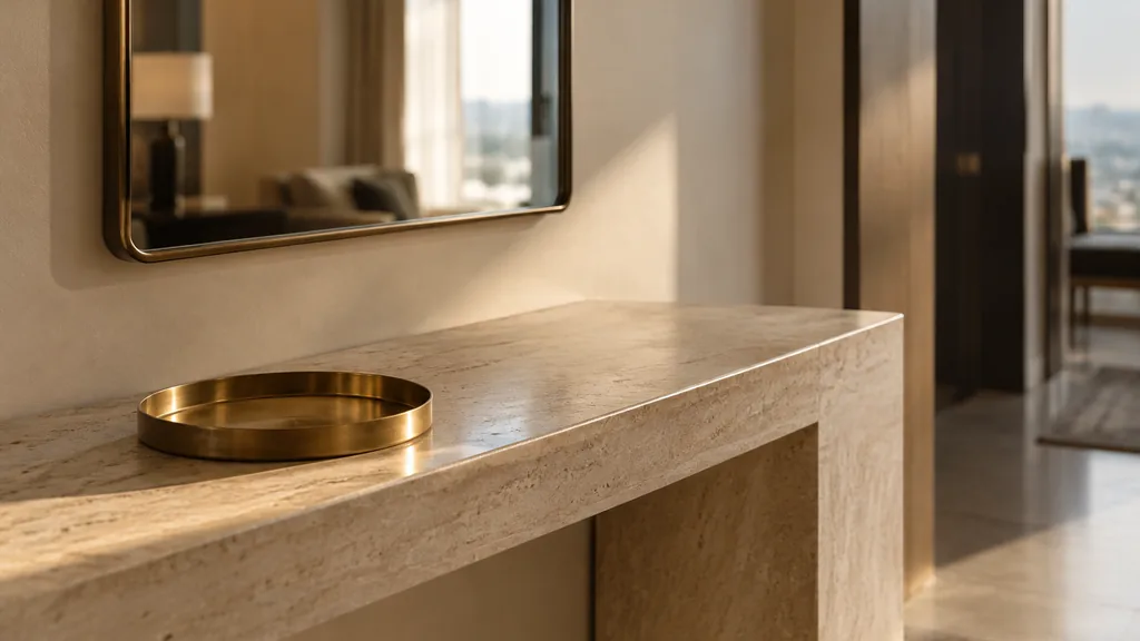 An empty workspace: an empty hotel console of pale travertine with one bare brass tray in soft late light