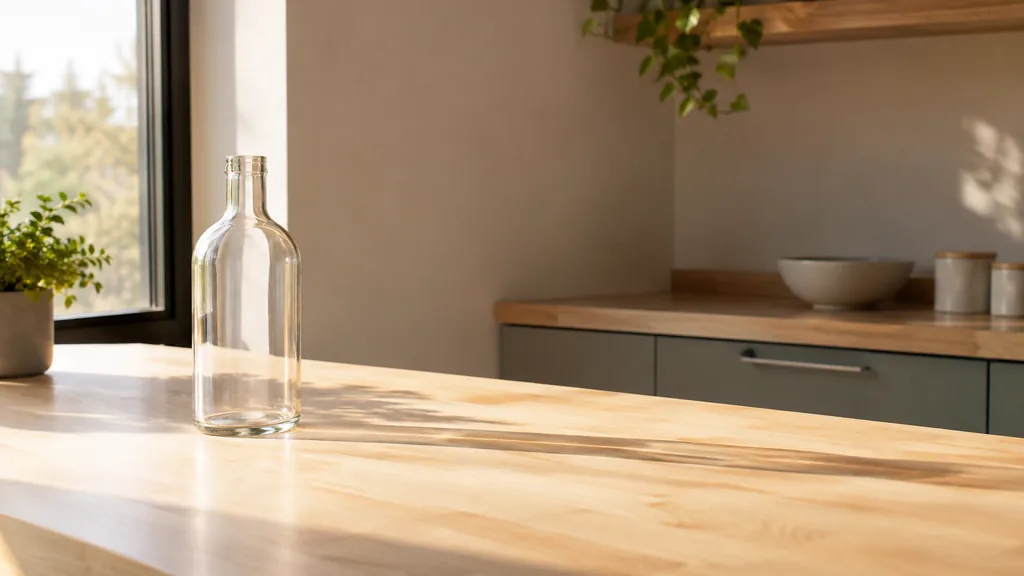 An empty workspace: an empty prep counter of pale maple with one bare glass bottle in warm side light