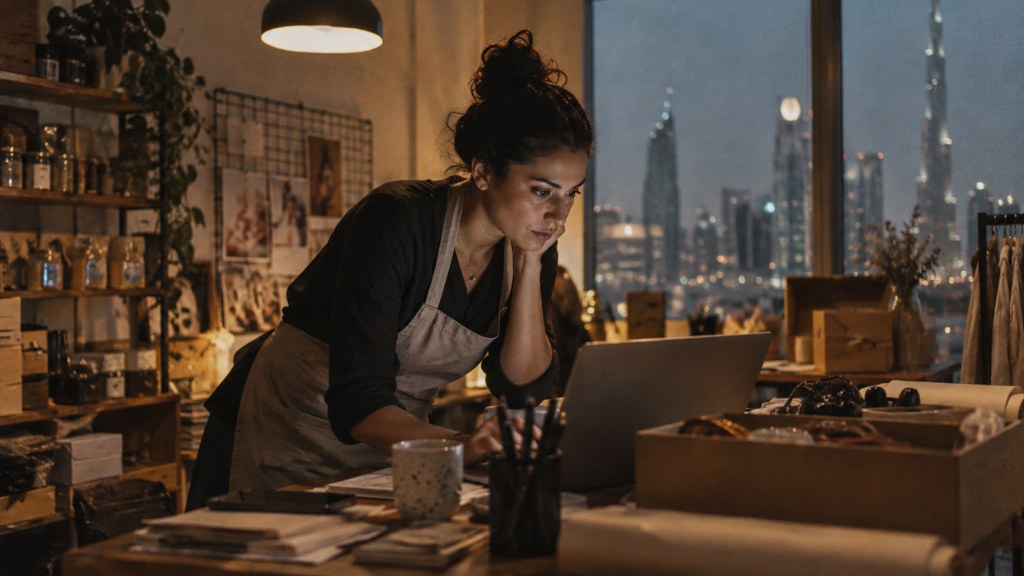 A small-business owner in an apron leaning over a laptop on a cluttered back-office desk late in the day, photographed in Dubai