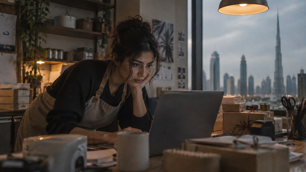 A small-business owner in an apron leaning over a laptop on a cluttered back-office desk late in the day, photographed in Dubai