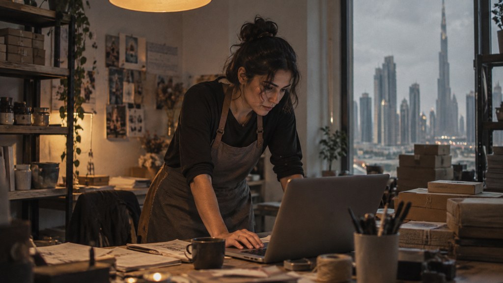 A small-business owner in an apron leaning over a laptop on a cluttered back-office desk late in the day, photographed in Dubai