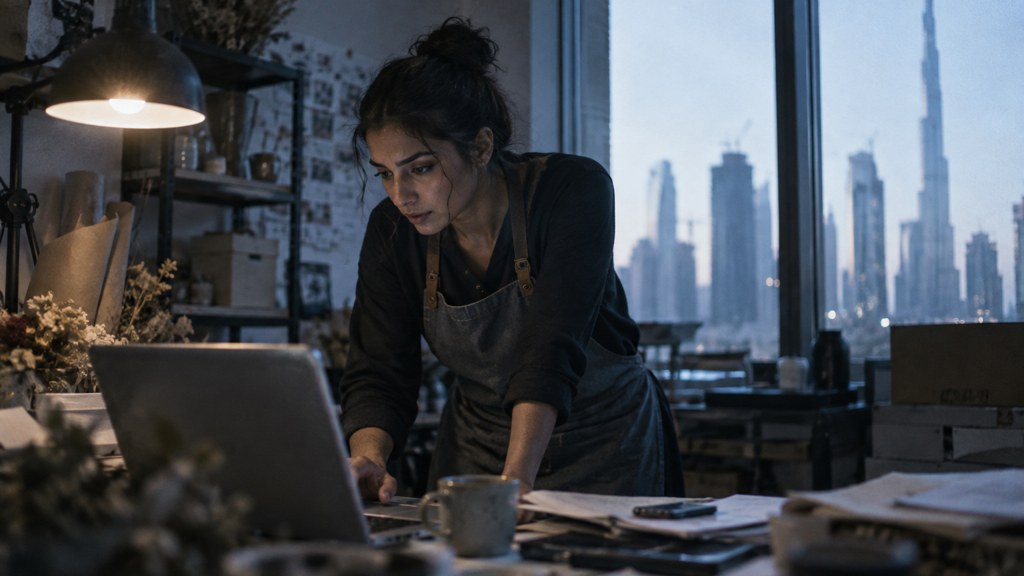 A small-business owner in an apron leaning over a laptop on a cluttered back-office desk late in the day, photographed in Dubai