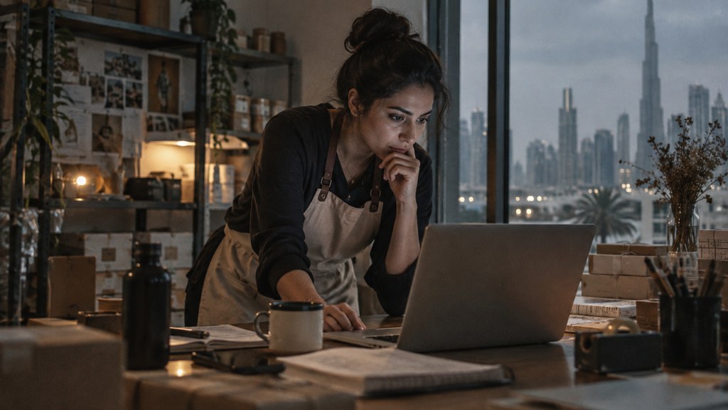 A small-business owner in an apron leaning over a laptop on a cluttered back-office desk late in the day, photographed in Dubai