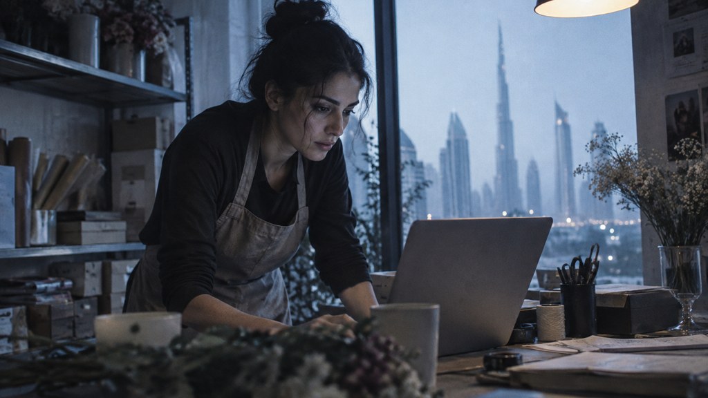 A small-business owner in an apron leaning over a laptop on a cluttered back-office desk late in the day, photographed in Dubai
