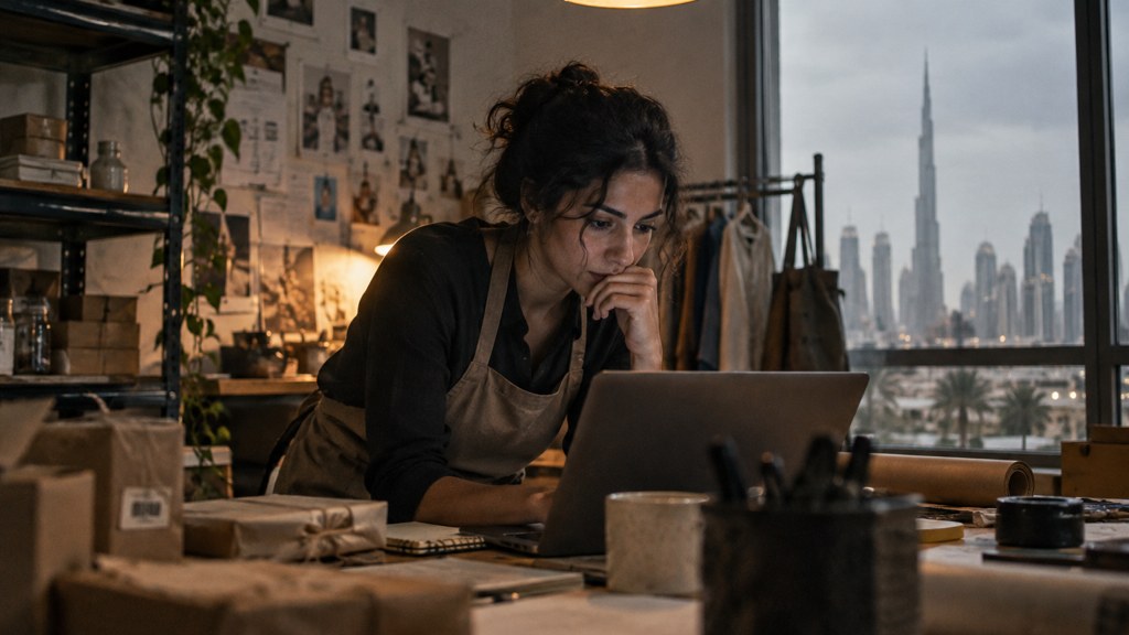 A small-business owner in an apron leaning over a laptop on a cluttered back-office desk late in the day, photographed in Dubai