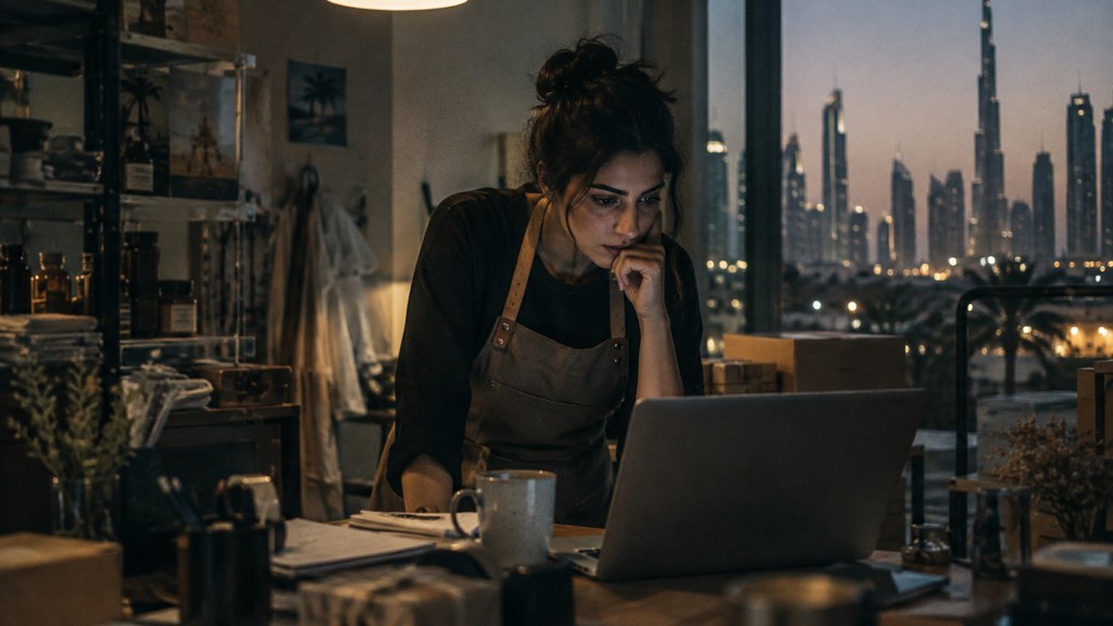 A small-business owner in an apron leaning over a laptop on a cluttered back-office desk late in the day, photographed in Dubai