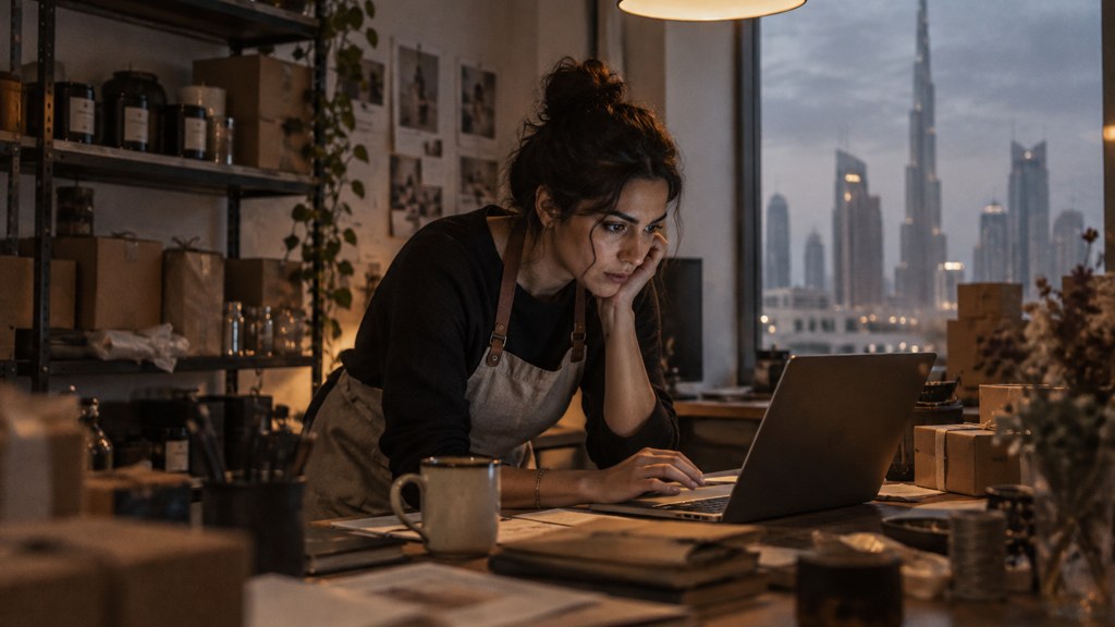 A small-business owner in an apron leaning over a laptop on a cluttered back-office desk late in the day, photographed in Dubai