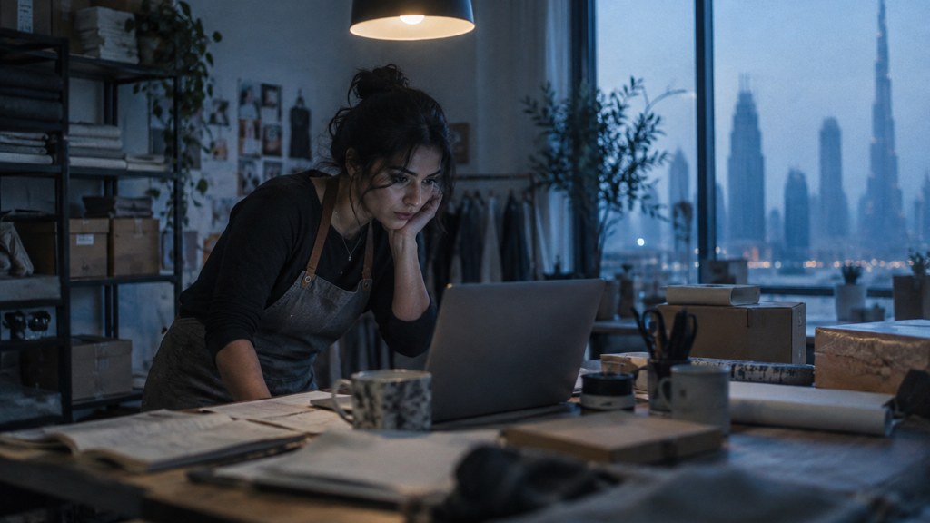 A small-business owner in an apron leaning over a laptop on a cluttered back-office desk late in the day, photographed in Dubai