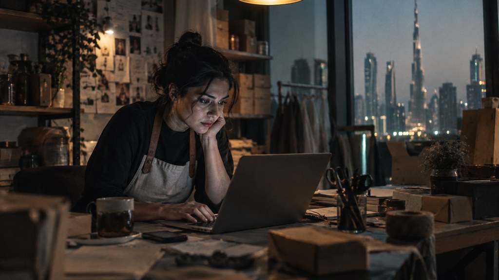 A small-business owner in an apron leaning over a laptop on a cluttered back-office desk late in the day, photographed in Dubai