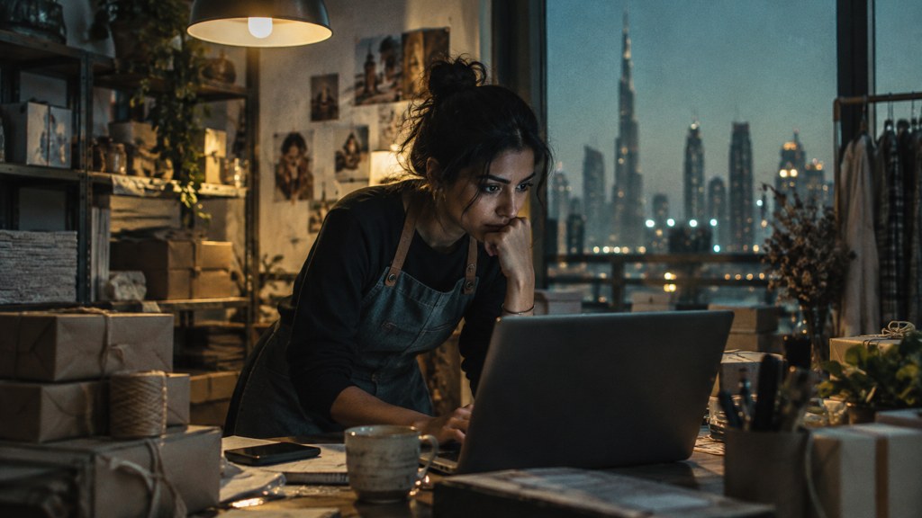 A small-business owner in an apron leaning over a laptop on a cluttered back-office desk late in the day, photographed in Dubai