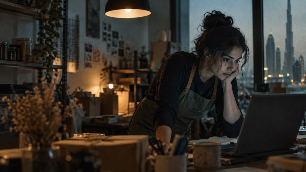 A small-business owner in an apron leaning over a laptop on a cluttered back-office desk late in the day, photographed in Dubai
