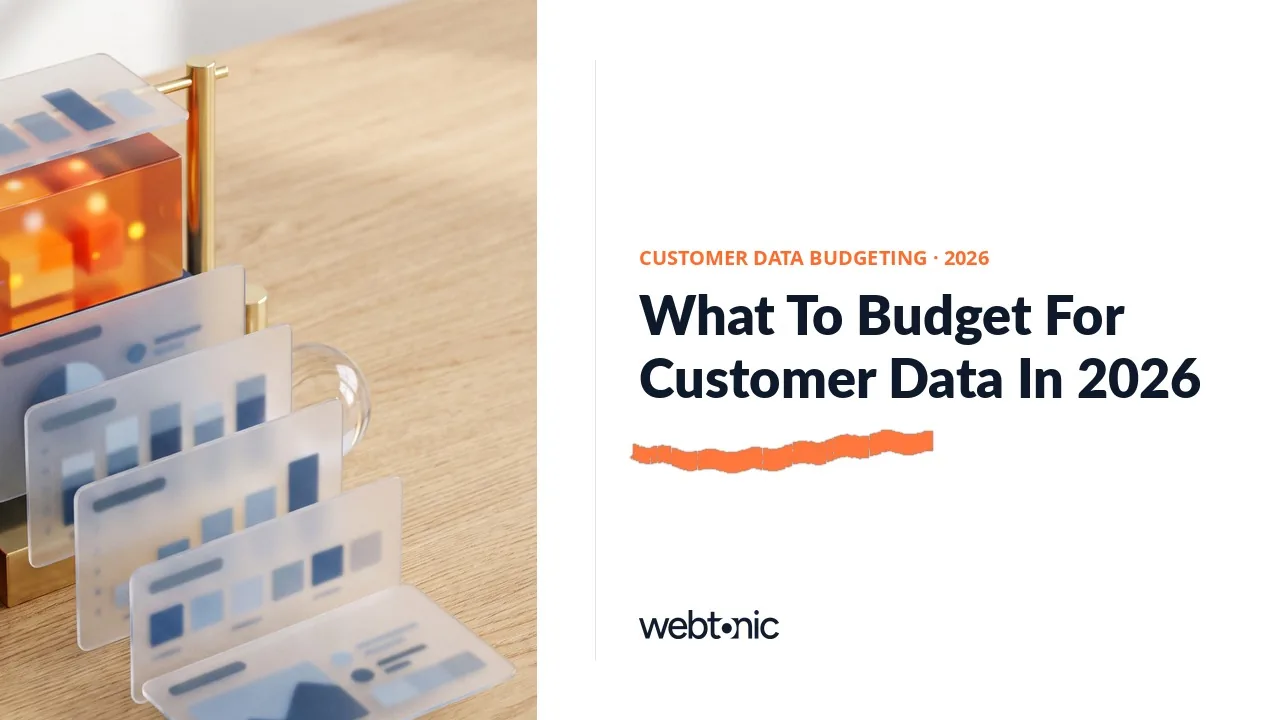 Customer data statistics 2026 thumbnail showing martech budget share falling to 19.4 percent while poor data quality costs some organizations over 25 million dollars a year