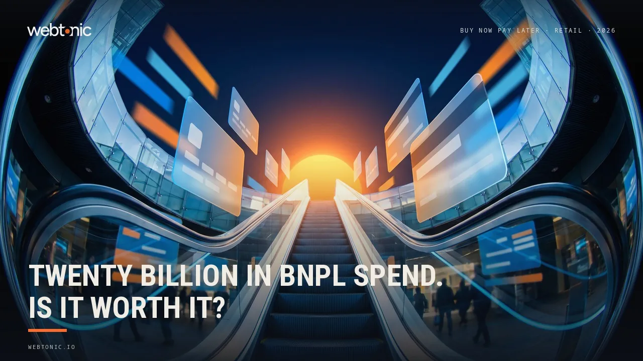 Buy now pay later statistics 2026 thumbnail showing 20 billion dollars in US holiday BNPL spend, up 9.8 percent year over year, per Adobe Analytics