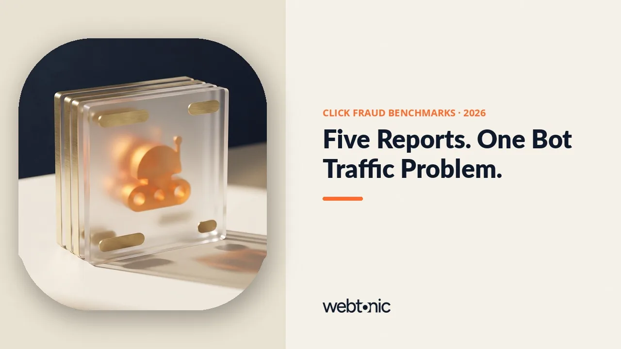 Click fraud statistics 2026 thumbnail comparing five invalid traffic benchmarks ranging from 5.58 percent of clicks to 20.64 percent of impressions