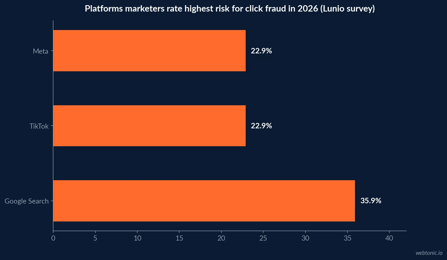 Horizontal bar chart of platforms marketers rate as highest click fraud risk in 2026, led by Google Search at 35.9 percent ahead of TikTok and Meta tied at 22.9 percent each, per Lunio's May 2026 survey of senior marketers