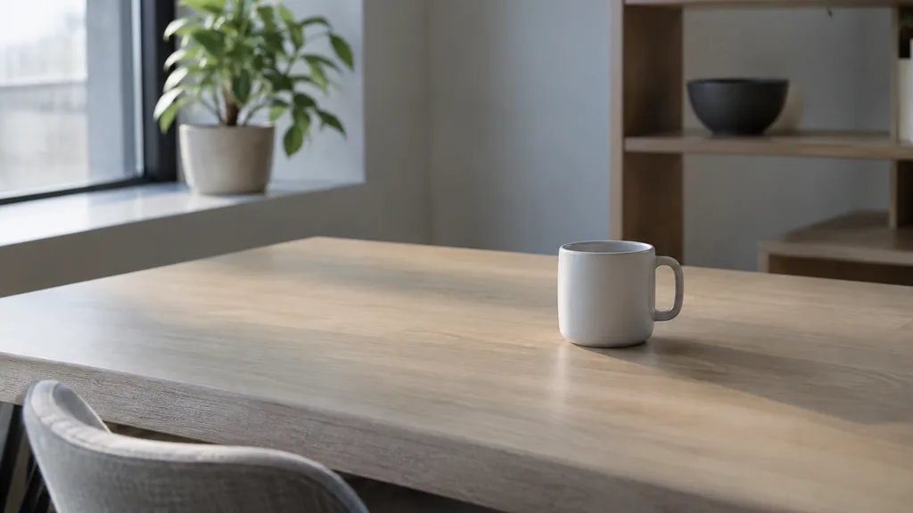 An empty workspace: an empty desk of pale ash with one bare ceramic cup in cool morning light