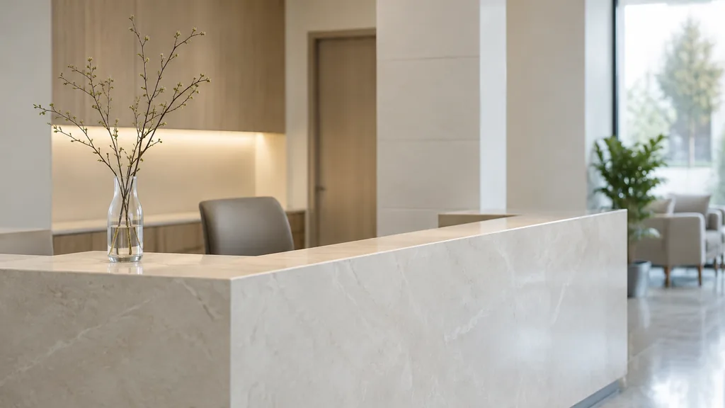 An empty workspace: an empty clinic reception counter of pale stone with one bare glass vase in soft diffused daylight