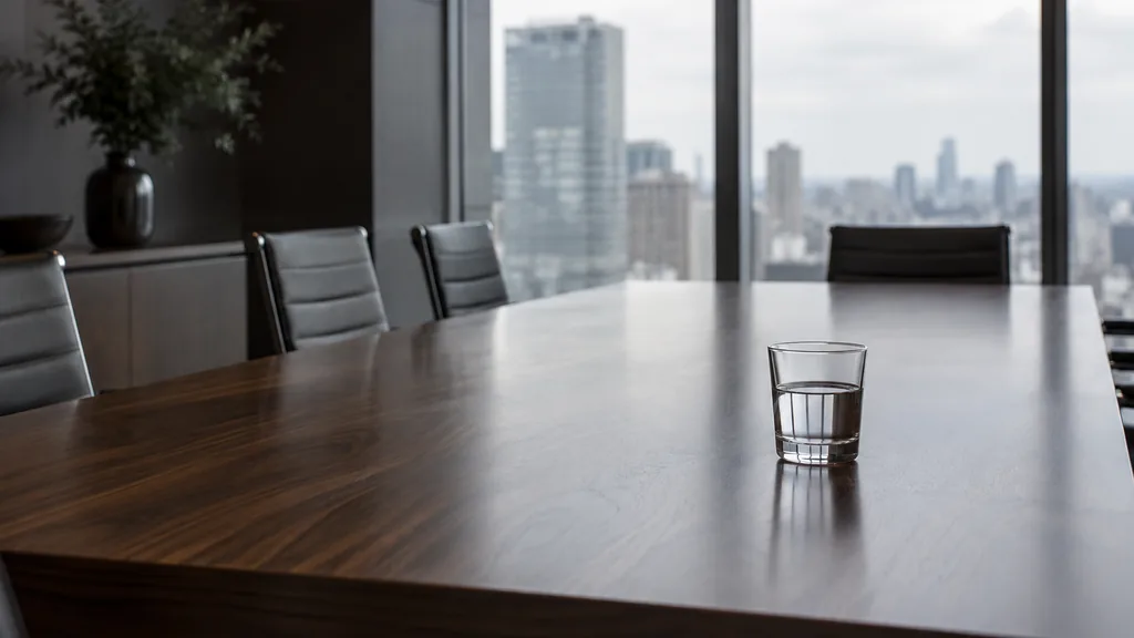 An empty workspace: an empty boardroom table of dark walnut with one bare water glass in cool north light