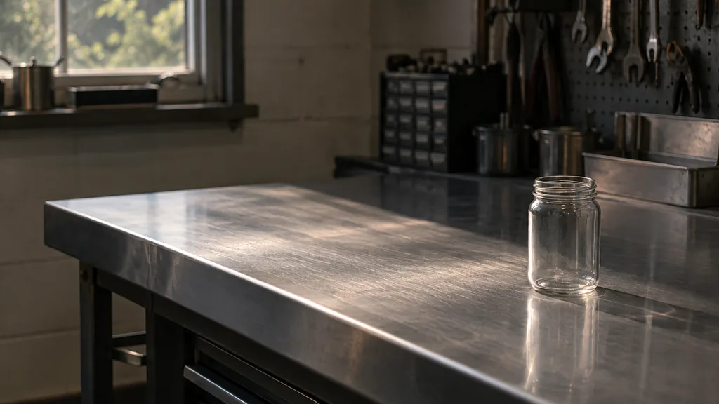 An empty workspace: an empty steel workbench of brushed metal with one bare glass jar in low raking light