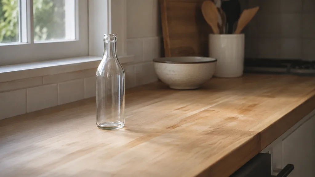 An empty workspace: an empty kitchen prep counter of pale maple with one bare glass bottle in soft window light