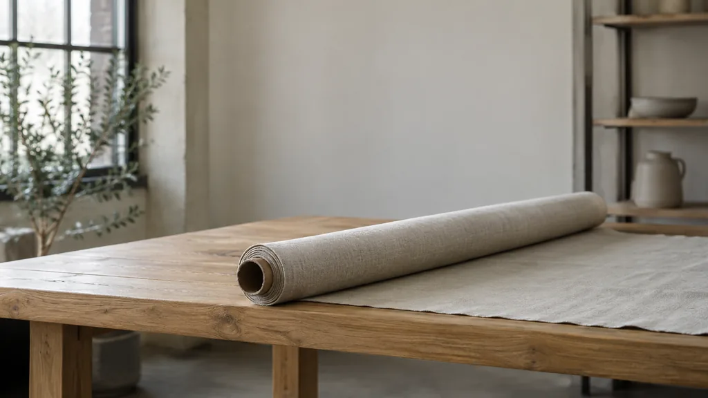 An empty workspace: an empty studio table of white oak with one bare fabric roll in soft north light