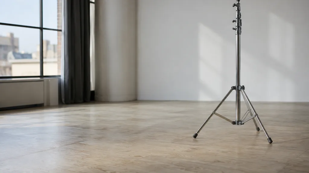 An empty workspace: an empty studio floor of pale birch with one bare light stand in cool morning light