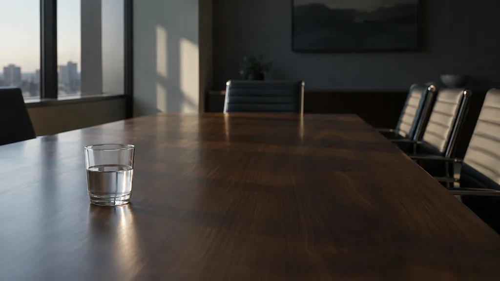 An empty workspace: an empty boardroom table of dark walnut with one bare water glass in low window light