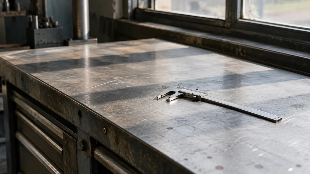 An empty workspace: an empty workbench of raw steel with one bare caliper in hard side light