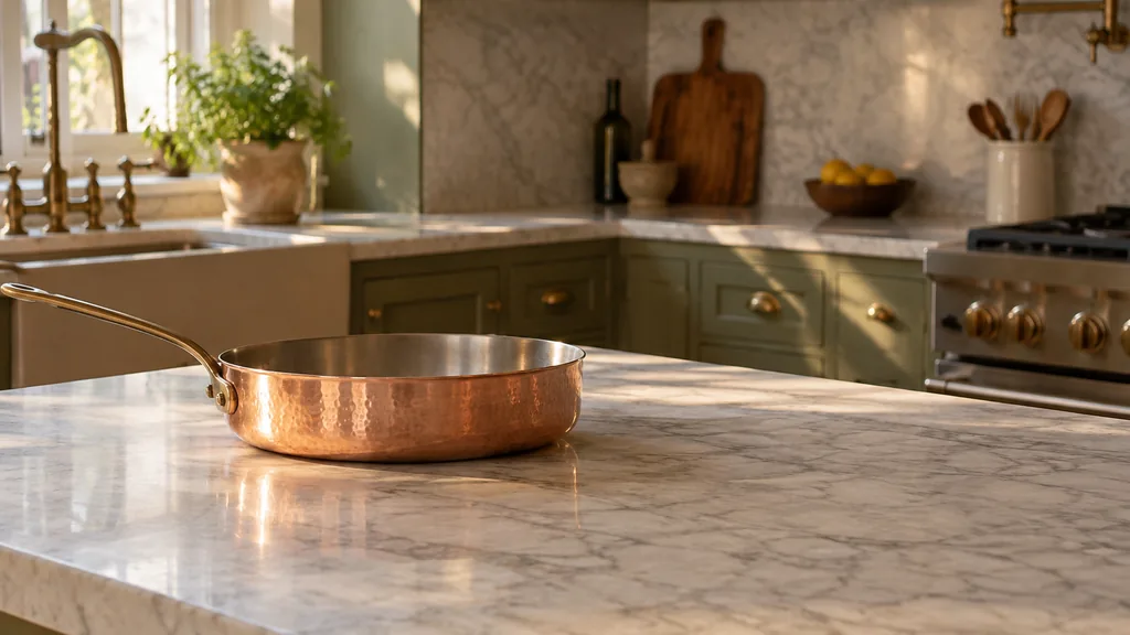 An empty workspace: an empty marble prep counter with one bare copper pan in warm kitchen light