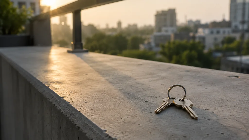 An empty workspace: an empty balcony ledge of poured concrete with one bare set of keys in late afternoon light