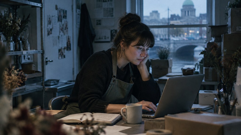 A small-business owner in an apron leaning over a laptop on a cluttered back-office desk late in the day, photographed in Dublin