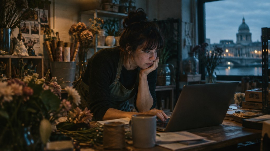 A small-business owner in an apron leaning over a laptop on a cluttered back-office desk late in the day, photographed in Dublin
