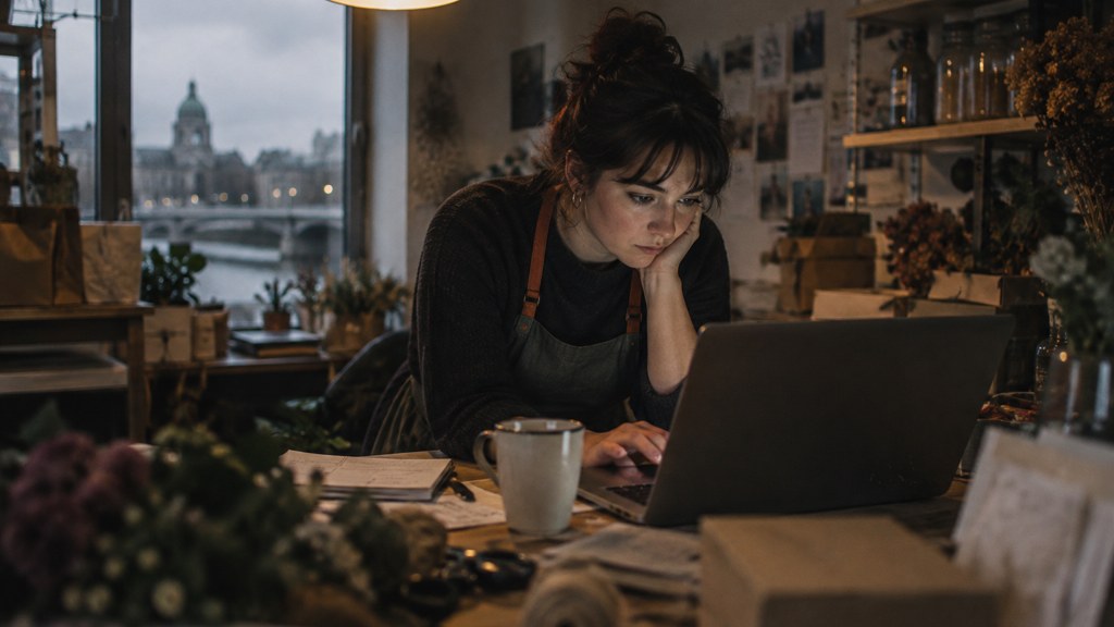 A small-business owner in an apron leaning over a laptop on a cluttered back-office desk late in the day, photographed in Dublin
