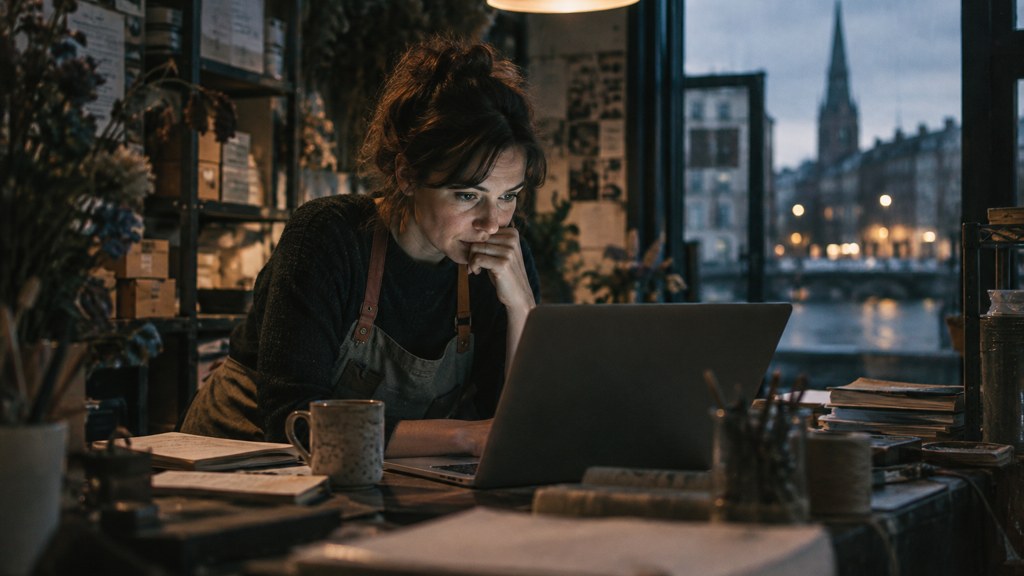 A small-business owner in an apron leaning over a laptop on a cluttered back-office desk late in the day, photographed in Dublin