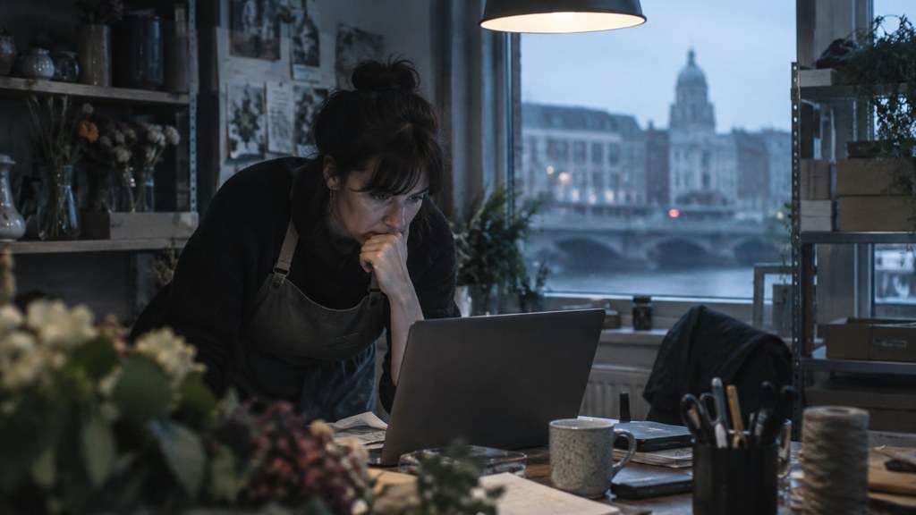A small-business owner in an apron leaning over a laptop on a cluttered back-office desk late in the day, photographed in Dublin