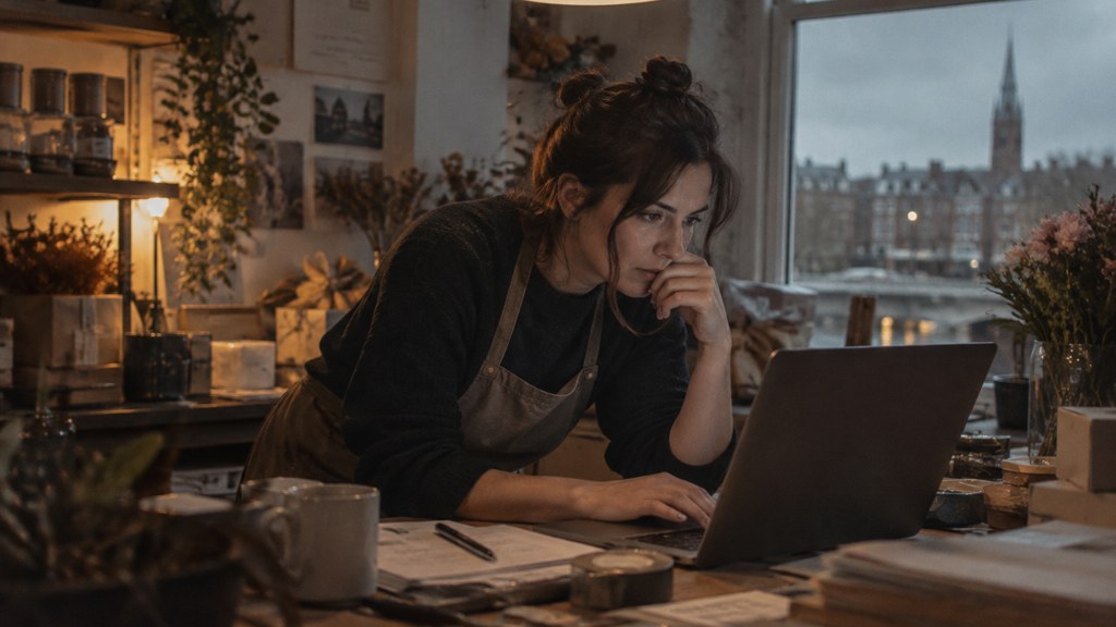 A small-business owner in an apron leaning over a laptop on a cluttered back-office desk late in the day, photographed in Dublin