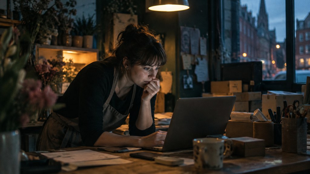 A small-business owner in an apron leaning over a laptop on a cluttered back-office desk late in the day, photographed in Dublin