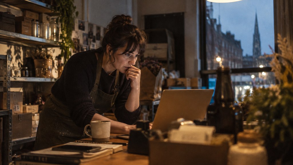 A small-business owner in an apron leaning over a laptop on a cluttered back-office desk late in the day, photographed in Dublin