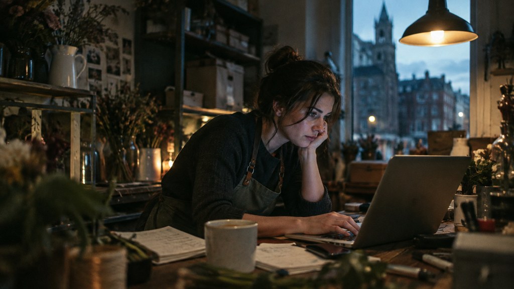 A small-business owner in an apron leaning over a laptop on a cluttered back-office desk late in the day, photographed in Dublin