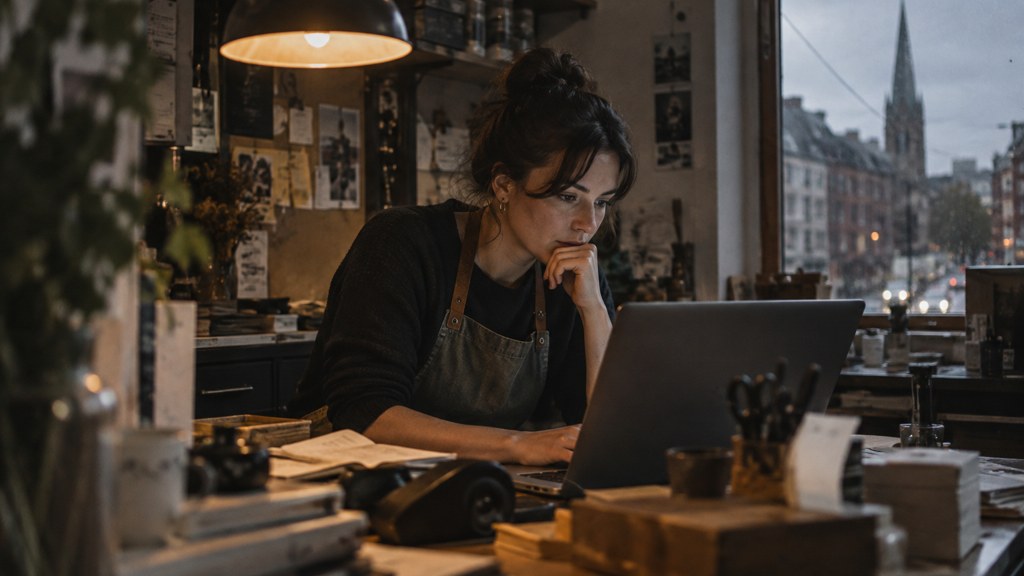 A small-business owner in an apron leaning over a laptop on a cluttered back-office desk late in the day, photographed in Dublin