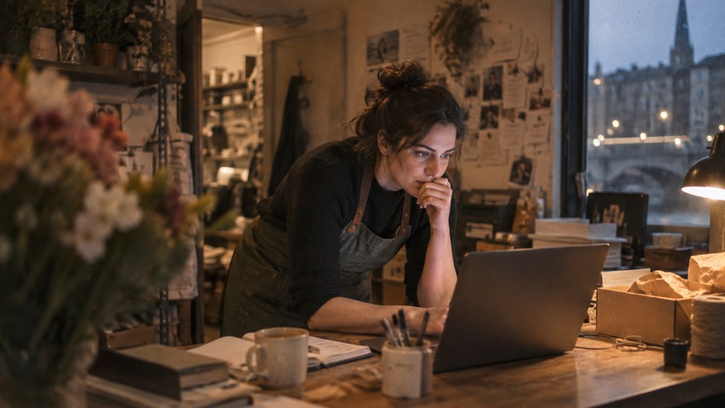 A small-business owner in an apron leaning over a laptop on a cluttered back-office desk late in the day, photographed in Dublin