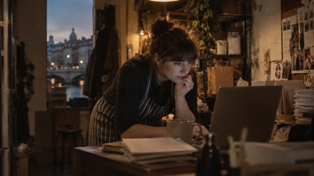 A small-business owner in an apron leaning over a laptop on a cluttered back-office desk late in the day, photographed in Dublin