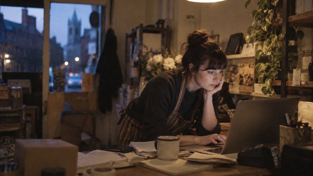 A small-business owner in an apron leaning over a laptop on a cluttered back-office desk late in the day, photographed in Dublin