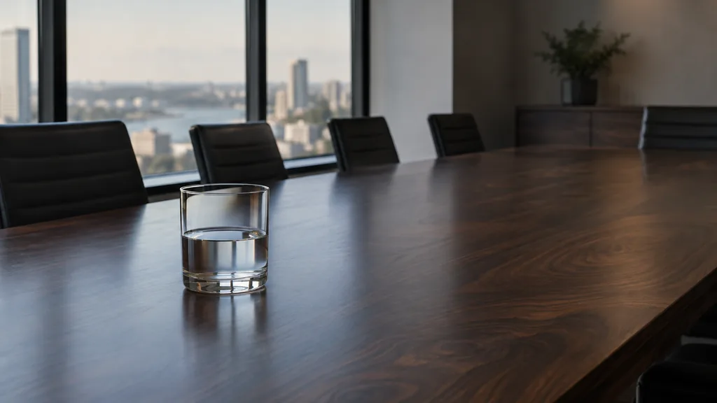 An empty workspace: an empty boardroom table of dark walnut with one bare water glass in low window light