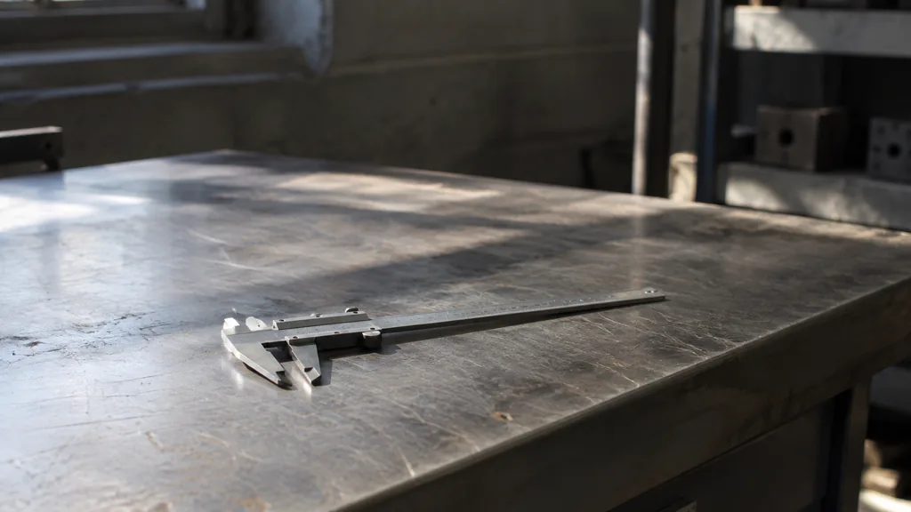 An empty workspace: an empty workbench of raw steel with one bare caliper in hard side light