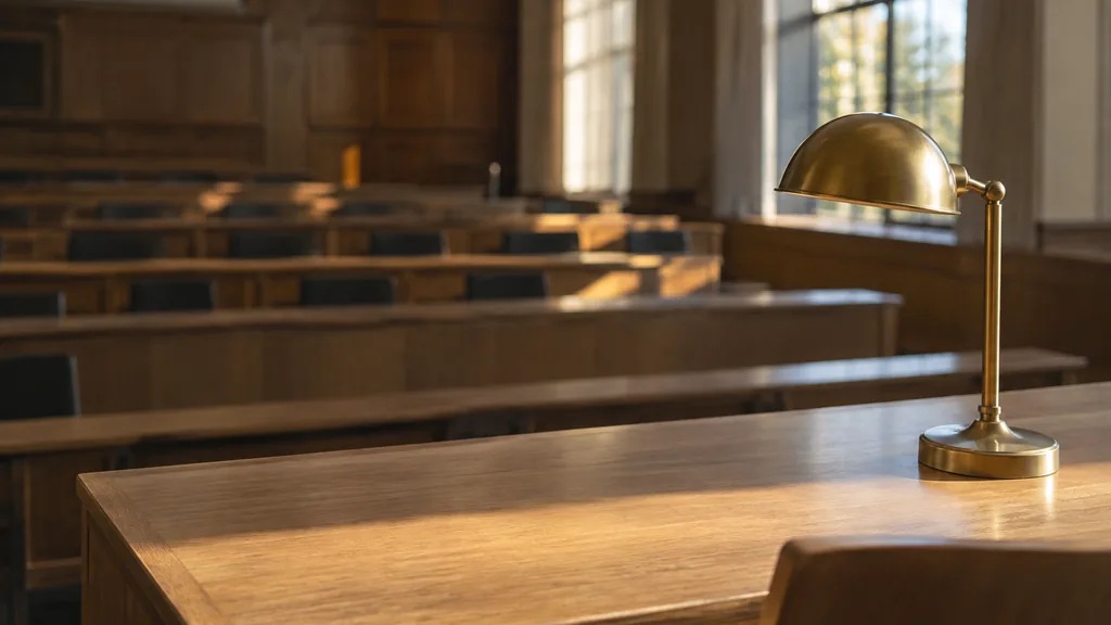 An empty workspace: an empty lecture hall desk of pale oak with one bare brass lamp in late afternoon light