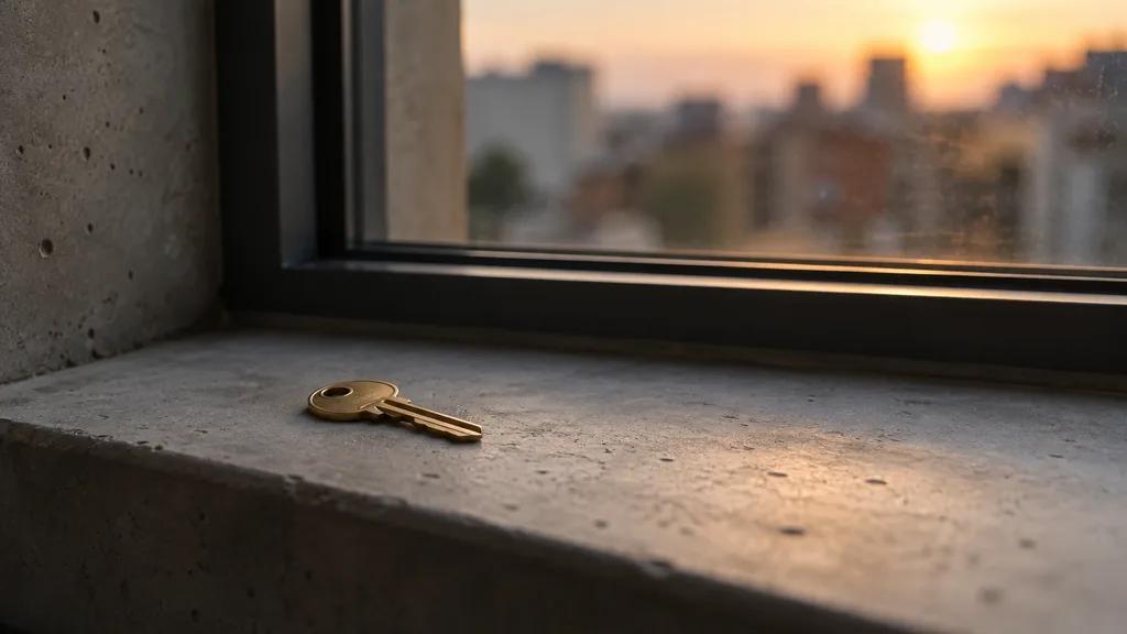 An empty workspace: an empty windowsill of poured concrete with one bare brass key in soft evening light