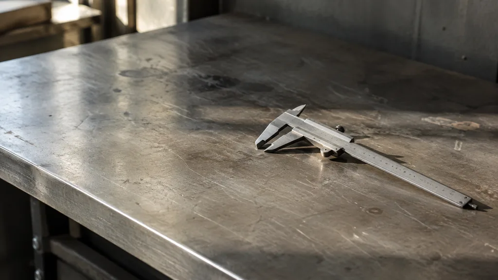 An empty workspace: an empty workbench of raw steel with one bare caliper in hard side light