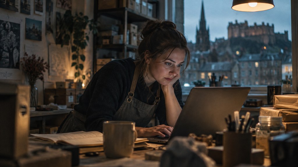 A small-business owner in an apron leaning over a laptop on a cluttered back-office desk late in the day, photographed in Edinburgh