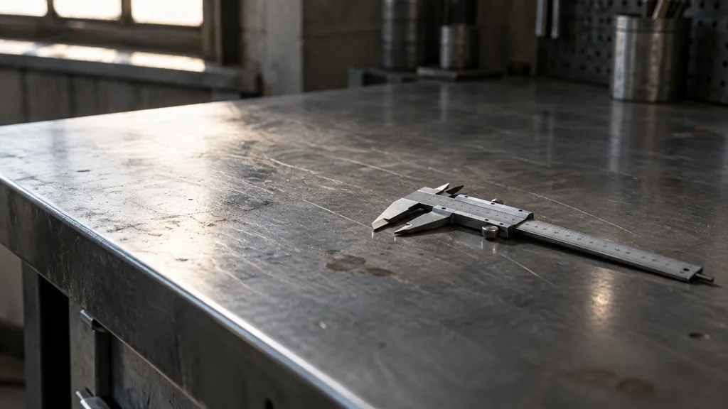 An empty workspace: an empty workbench of raw steel with one bare caliper in hard side light